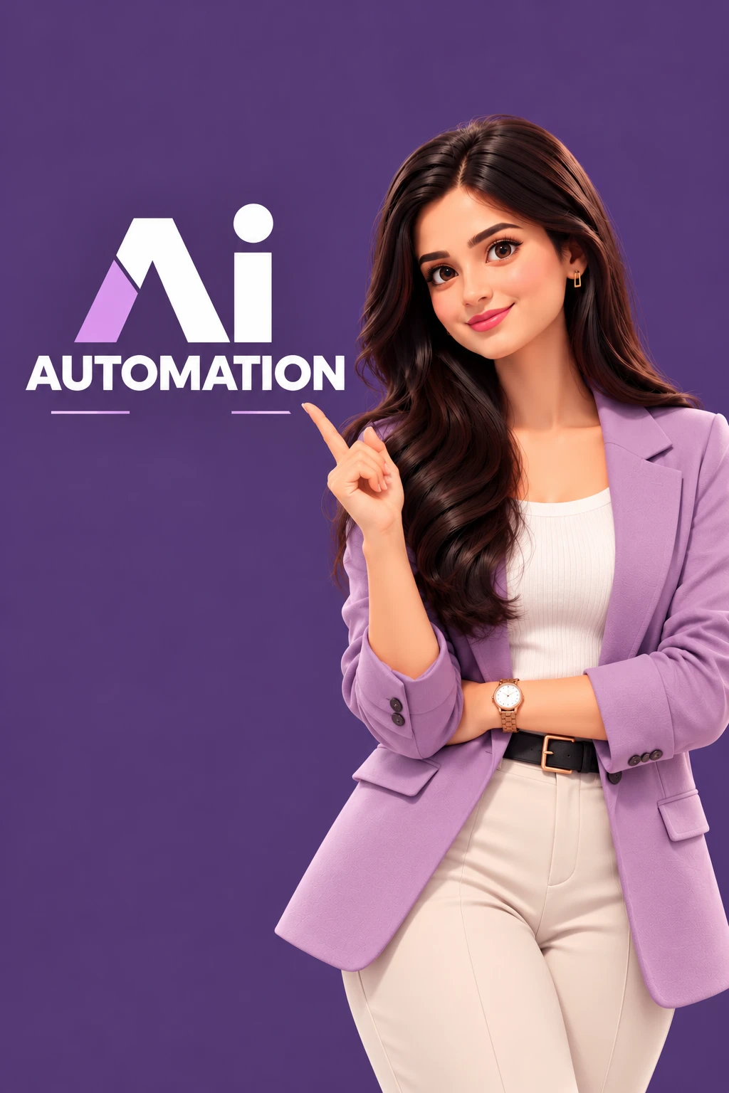 Illustration of Fakeha Khan in a lilac blazer pointing to the words AI Automation, on a purple background