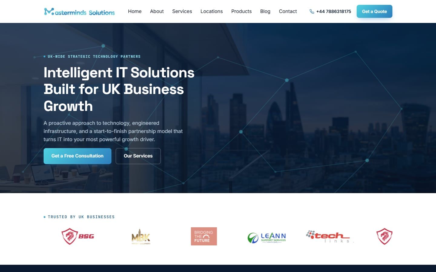 Masterminds Solutions homepage: "Intelligent IT Solutions Built for UK Business Growth" over a dark city skyline