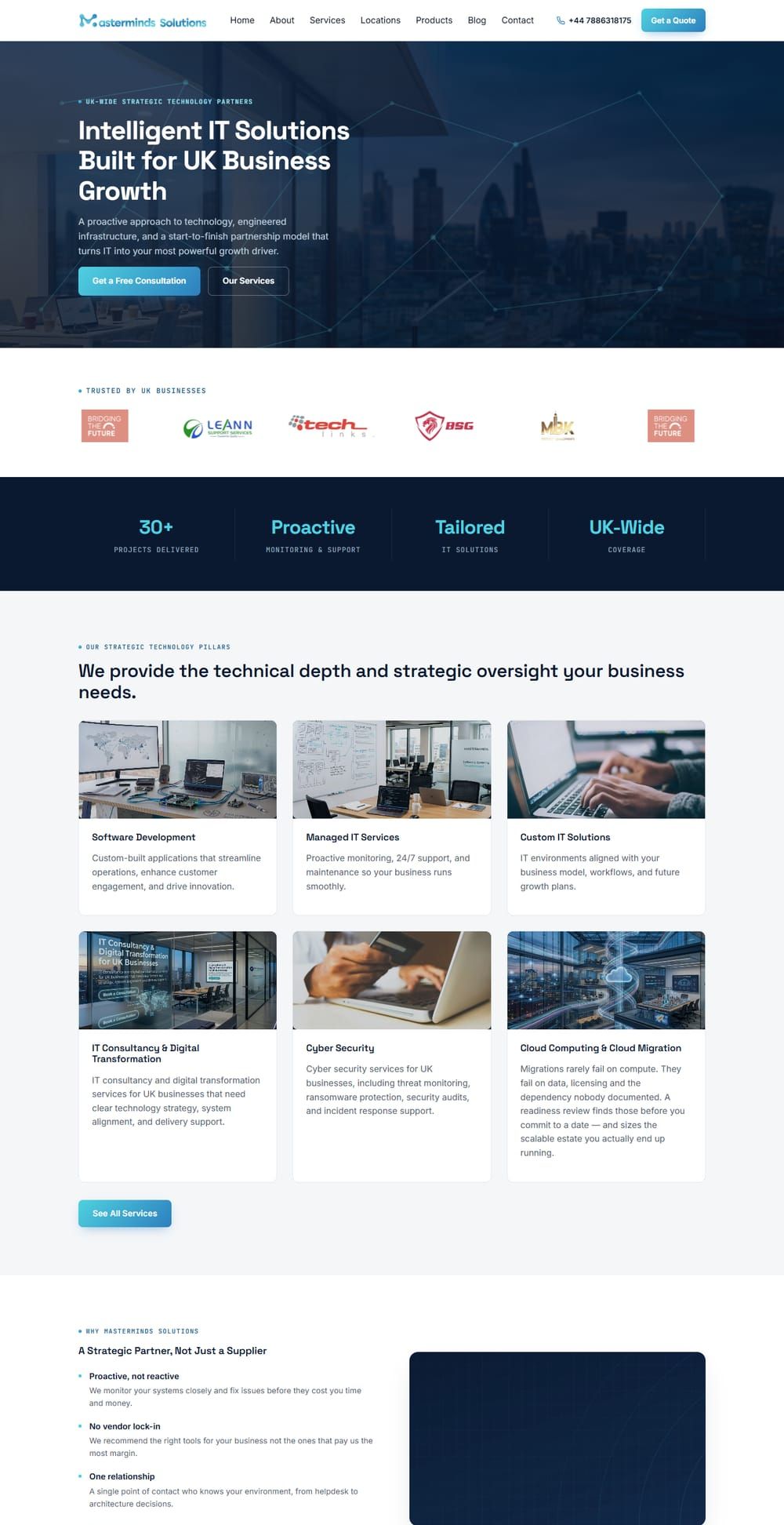Masterminds Solutions homepage: "Intelligent IT Solutions Built for UK Business Growth" over a dark city skyline