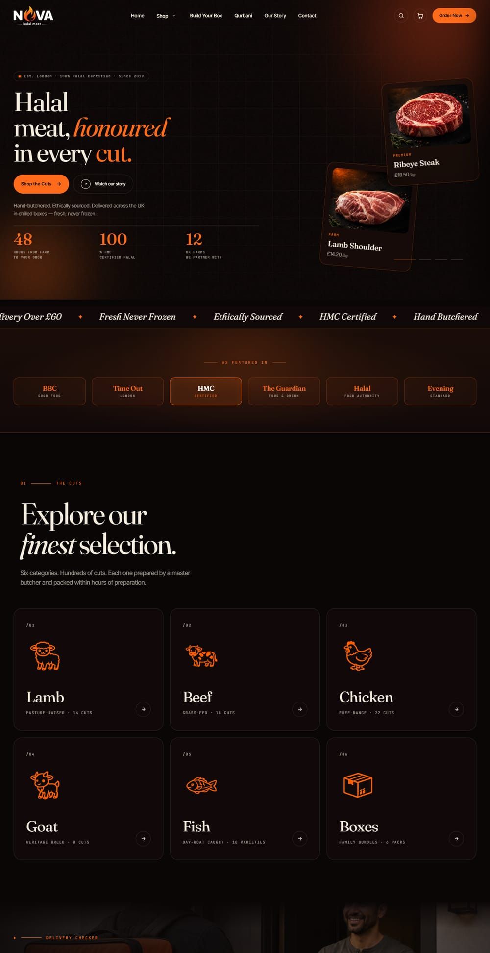 NOVA Halal Meat homepage: the headline "Halal meat, honoured in every cut" in cream and orange on a dark background, beside tilted product cards