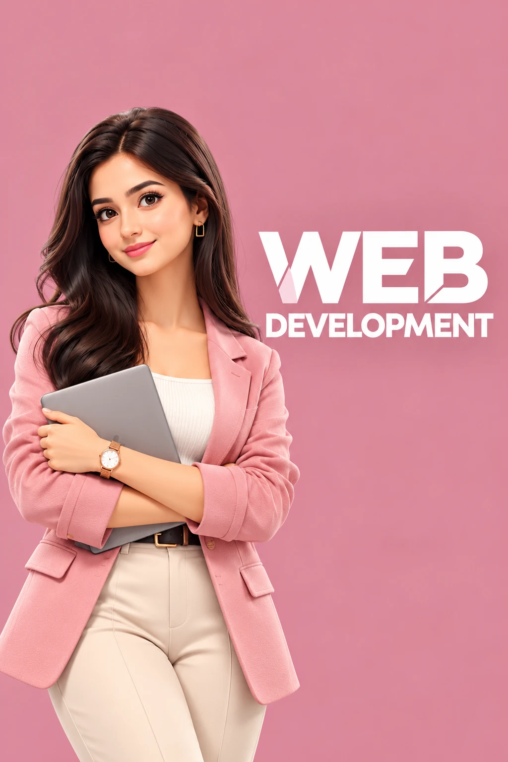 Illustration of Fakeha Khan in a pink blazer holding a laptop beside the words Web Development